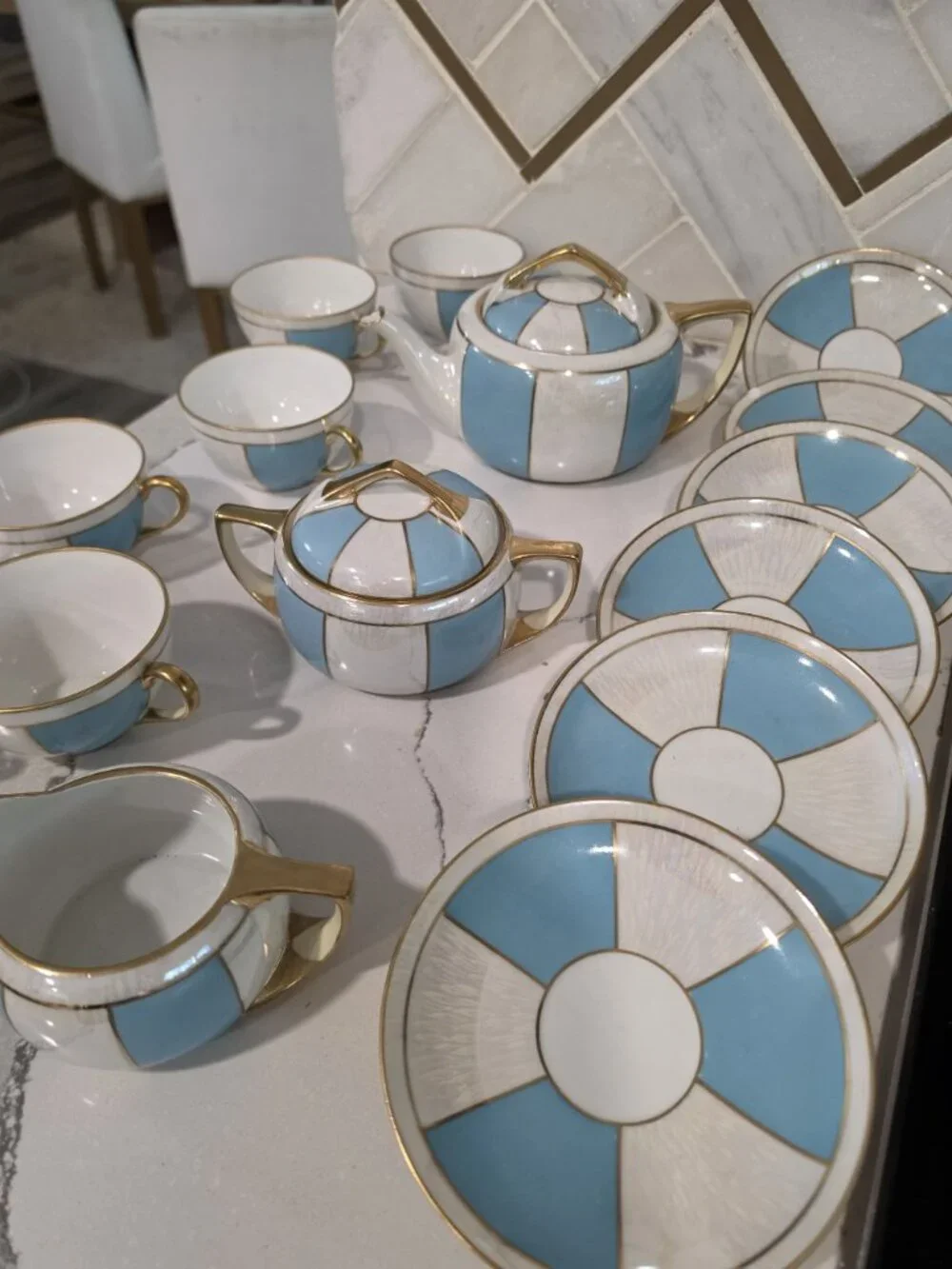 Noritake Tea Set 15-Piece Blue White Pearlescent w/ gold Porcelain Made In Japan